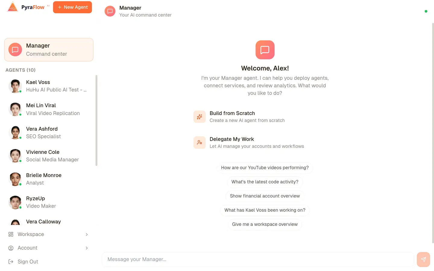 PyraFlow dashboard showing AI agents coordinating across business functions